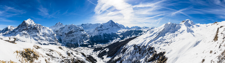 Switzerland, Canton of Bern, Grindelwald, view from First Cliff Walk on Eiger, Mittelhorn, Schreckhorn and Wetterhorn - AMF05364