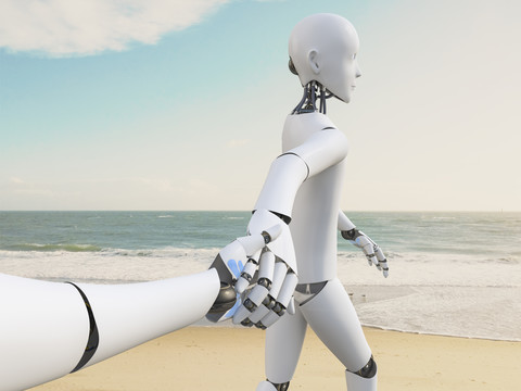 Roboter, der Hand in Hand am Strand spazieren geht, 3d-Rendering, lizenzfreies Stockfoto