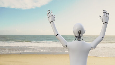 Robot raising his arms on the beach, 3d rendering - AHUF00331