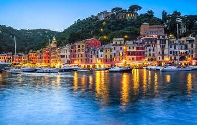 Italy, Liguria, Portofino, boats in harbour at blue hour - PUF00619