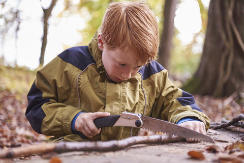 Redheaded boy treating branch with bow in autumnal forest stock photo