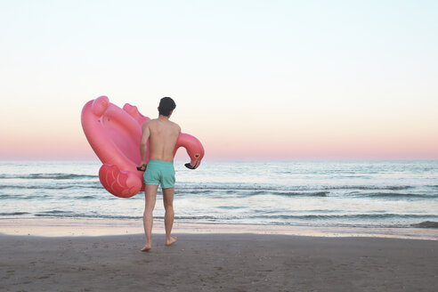Rückenansicht eines jungen Mannes mit aufblasbarem rosa Flamingo am Strand - RTBF00816