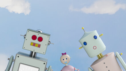 Porträt einer Roboterfamilie im Freien, 3d-Rendering - UWF01154