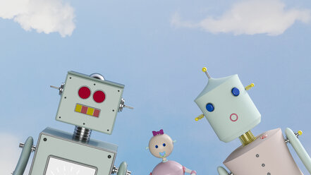 Portrait of robot family outdoors, 3d rendering - UWF01154