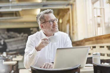 Smiling mature businessman in cafe with cup of coffee and laptop - FMKF03913