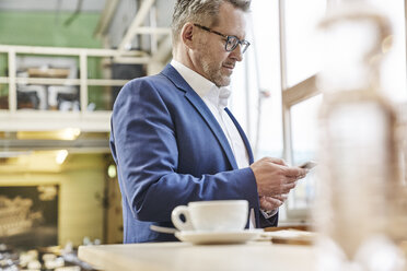 Reifer Geschäftsmann in einem Café, der ein Mobiltelefon benutzt - FMKF03930