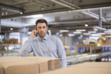 Mann in Fabrik, der mit einem Handy telefoniert - DIGF01772