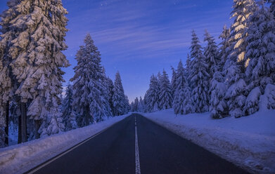 Germany, Lower Saxony, Harz National Park, country road in winter lin the evening - PVCF01083
