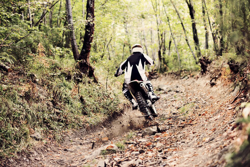 Italien, Motocross-Biker beim Schleifen im toskanischen Wald - FMOF00223