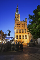 Poland, Gdansk, view to lighted town hall with Neptune Fountain in the foreground at night - ABOF00186