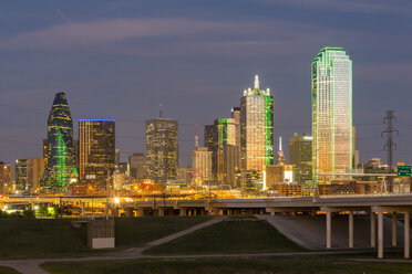 USA, Texas, Dallas skyline at blue hour - FOF09225