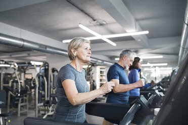 Gruppe von fitten Senioren auf Laufbändern im Fitnessstudio - HAPF01657