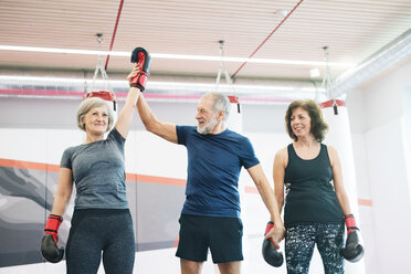 Gruppe glücklicher Senioren beim Training im Fitnessstudio, Boxen - HAPF01685