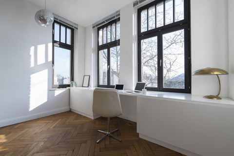 Empty room with chair and large panorama window stock photo