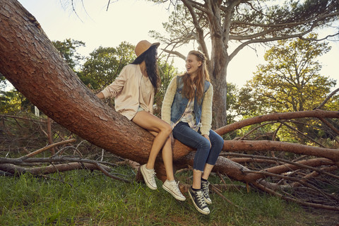 Zwei junge Frauen sitzen und sprechen auf einem Baumstamm, lizenzfreies Stockfoto