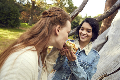 Zwei beste Freundinnen essen zusammen ein Sandwich in der Natur - SRYF00446