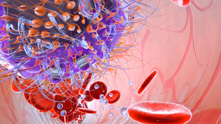 Virus with Erythrocyte cells and oxygen in the bloodstream, 3D Rendering - SPCF00147