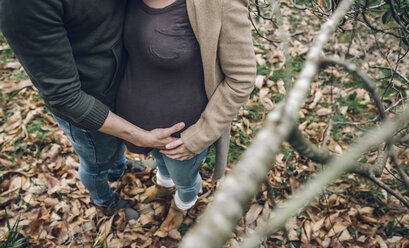 Mann hält Bauch einer schwangeren Frau in der Natur - DAPF00744