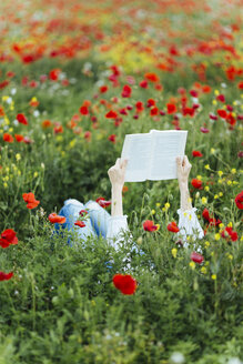 Frau liegt auf einem Feld und liest ein Buch - JPF00188