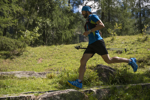 Italien, Alagna, Trailrunner unterwegs im Wald, lizenzfreies Stockfoto