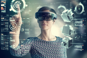 Woman wearing mixed reality smartglasses touching transparent screen - RBF05667