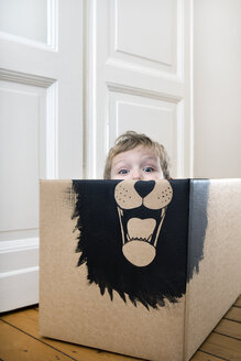 Junge im Inneren eines mit einem Löwen bemalten Kartons - PSTF00001