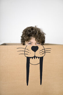 Boy inside a cardboard box painted with a saber-toothed tiger - PSTF00020