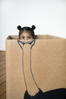 Girl inside a cardboard box painted with an ostrich - PSTF00022