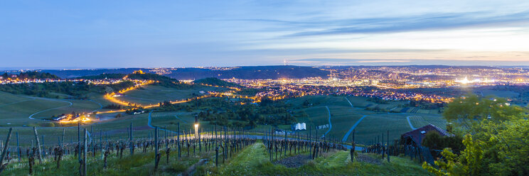 Germany, Stuttgart-Rotenberg, cityscape at twilight with vineyards in the foreground - WDF04016