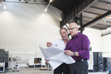 Zwei Geschäftsleute betrachten einen Plan in einer Fabrikhalle - DIGF02486