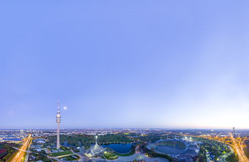 Deutschland, Bayern, München, Olympiapark bei Nacht, Drohnenfotografie - MMAF00098