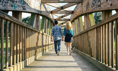 Back view of couple strolling with their dog - DAPF00746