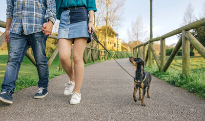 Junges Paar beim Gassigehen mit Hund, Teilansicht - DAPF00756