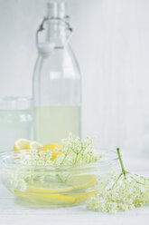 Homemade elderflower sirup, lemon slices and elderflowers - ASF06091
