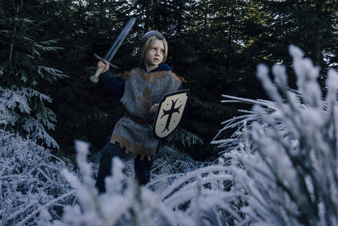 Little boy wearing knight costume playing in nature - KNSF01450