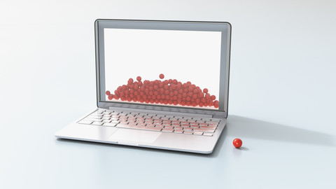 Laptop und rote Bälle, 3D-Rendering, lizenzfreies Stockfoto