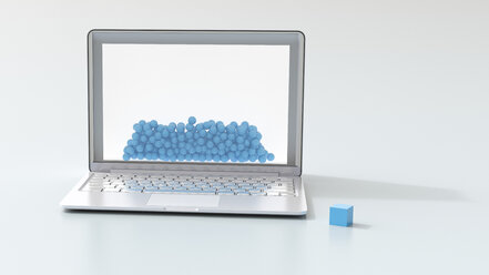 Laptop, blaue Bälle und ein Würfel, 3D-Rendering - UWF01188