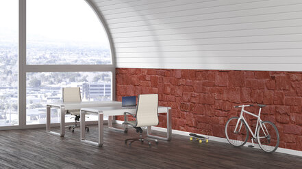 Zwei Schreibtische, Rennrad und Skateboard in einem Loft, 3D Rendering - UWF01194