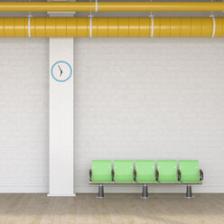 Foyer with green chairs and wall clock and yellow ventilation pipe, 3D Rendering - UWF01199