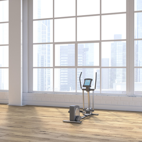 Crosstrainer in einem Loft mit Blick auf die Skyline, D Rendering, lizenzfreies Stockfoto