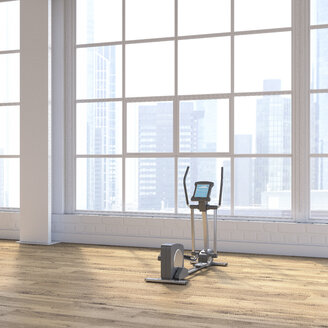 Crosstrainer in einem Loft mit Blick auf die Skyline, D Rendering - UWF01200