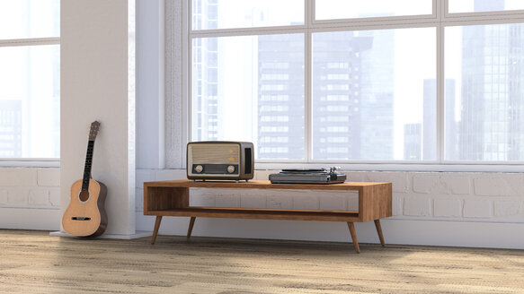 Loft with guitar, radio and record player on sideboard, 3D rendering - UWF01201