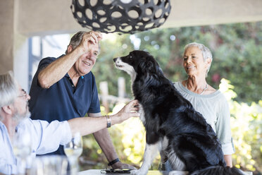 Senioren zusammen auf der Terrasse und geben dem Hund seine Leckerlis - ZEF13831