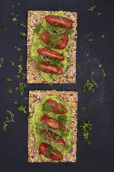Crispbread with seeds, avocado dip, tomato slices, parsley and cress - ODF01512