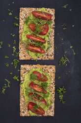 Knäckebrot mit Kernen, Avocado-Dip, Tomatenscheiben, Petersilie und Kresse - ODF01512