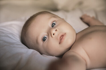 Portrait of baby boy lying on bed - MFF03590