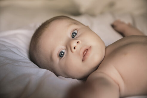 Porträt eines kleinen Jungen auf dem Bett liegend - MFF03590