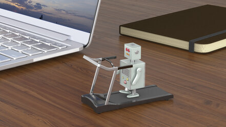 Kleiner Roboter, der auf einem Laufband trainiert und auf einem Schreibtisch mit Laptop und Notizbuch steht - UWF01205