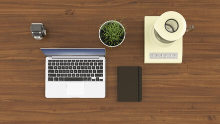 Laptop, camera, notebook, potted wheat grass and a blender on desk - UWF01216