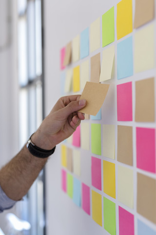 Hand taking adhesive note from wall in office stock photo